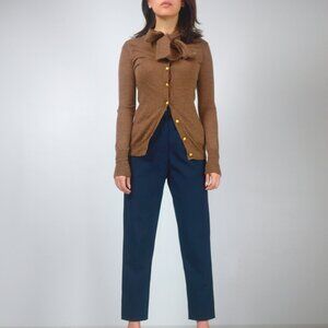 Pink Tartan Merino Wool Caramel Cardigan with Gold Buttons & Tie Neck, sz XS